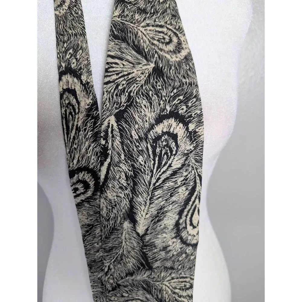 Steven Land Black & off white peacock feather print abstract silk necktie tie
